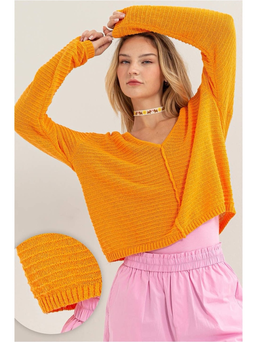294 • Pumpkin Orange Cropped V Neck Dropped Shoulder Sweater